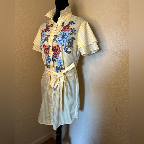 Jealous Tomato Button Down Yellow & White Floral Print Striped Shirt Dress - Picture 1 of 4